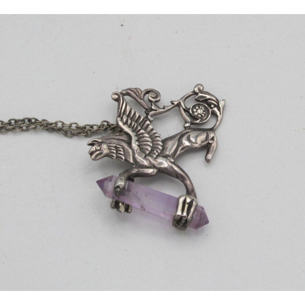 925 Sterling Silver Griffin Gryphon Amethyst Crystal Point Necklace Fantasy - Picture 6 of 7